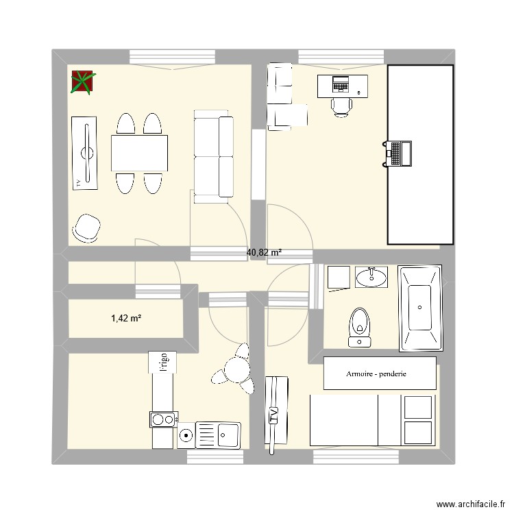 maison asnieres. Plan de 2 pièces et 42 m2