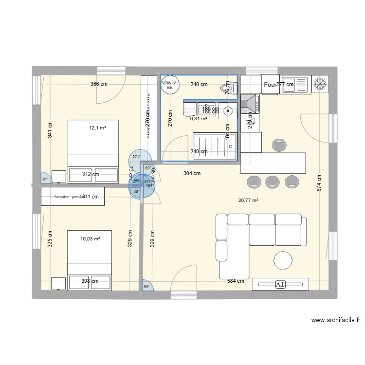 La GF etage 1 deuxieme option. Plan de 4 pièces et 59 m2