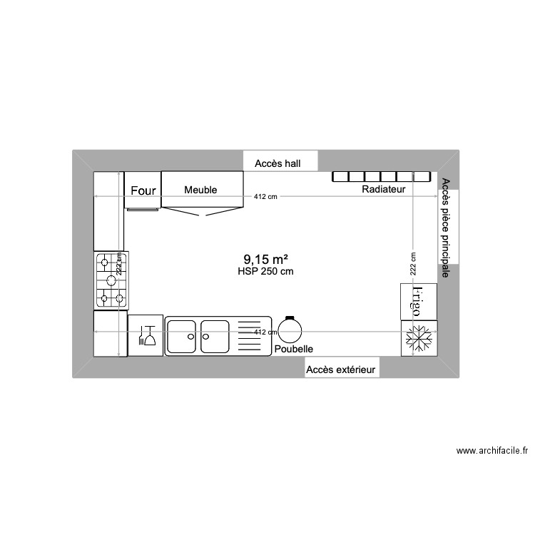 cuisine. Plan de 1 pièce et 9 m2