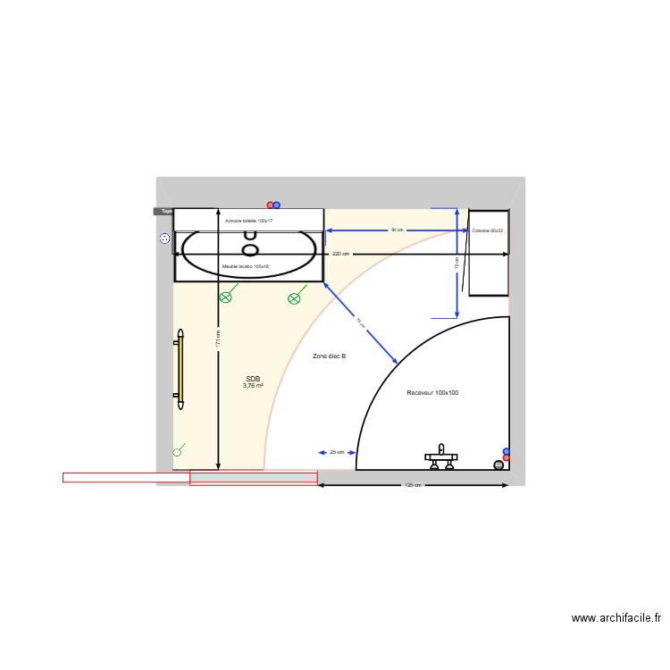 SDB Rossan_V1/4  100x100 à droite V3. Plan de 1 pièce et 4 m2