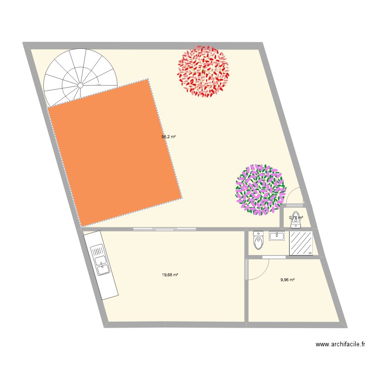 rooftop kitambo. Plan de 4 pièces et 89 m2