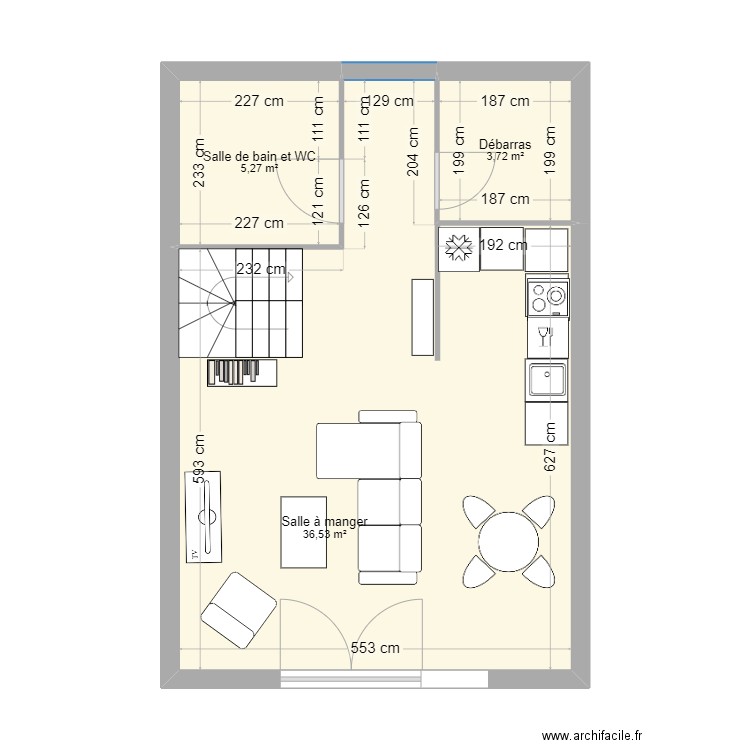 bas. Plan de 3 pièces et 46 m2