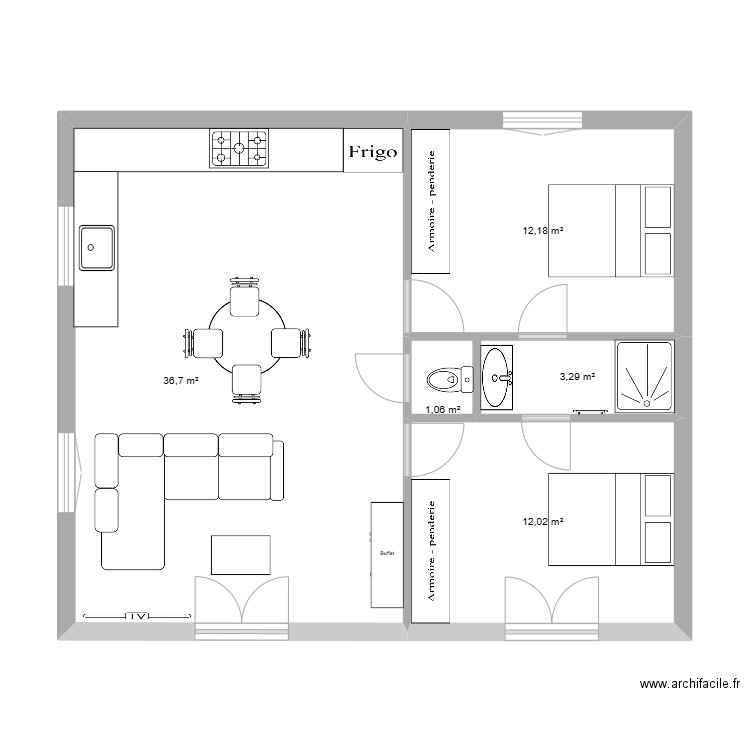 apart 1. Plan de 5 pièces et 65 m2