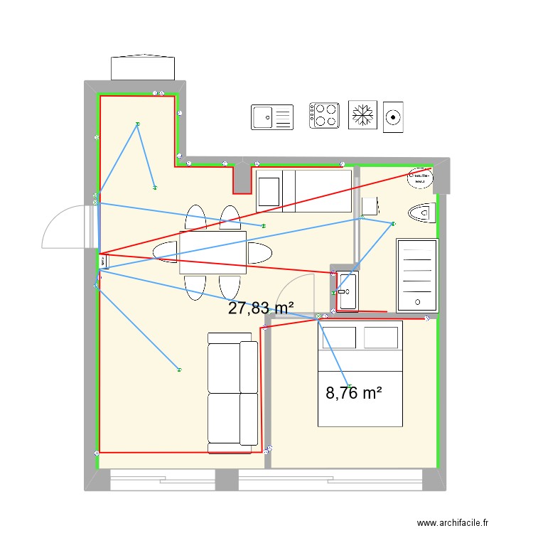 Studio isolé. Plan de 2 pièces et 47 m2