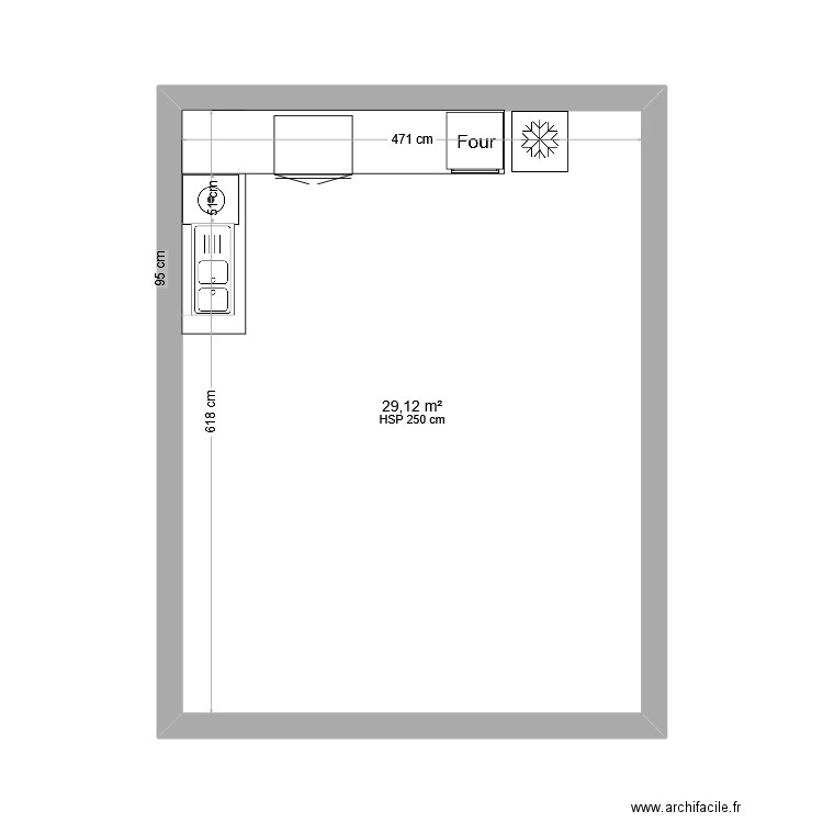 cuisine. Plan de 1 pièce et 29 m2