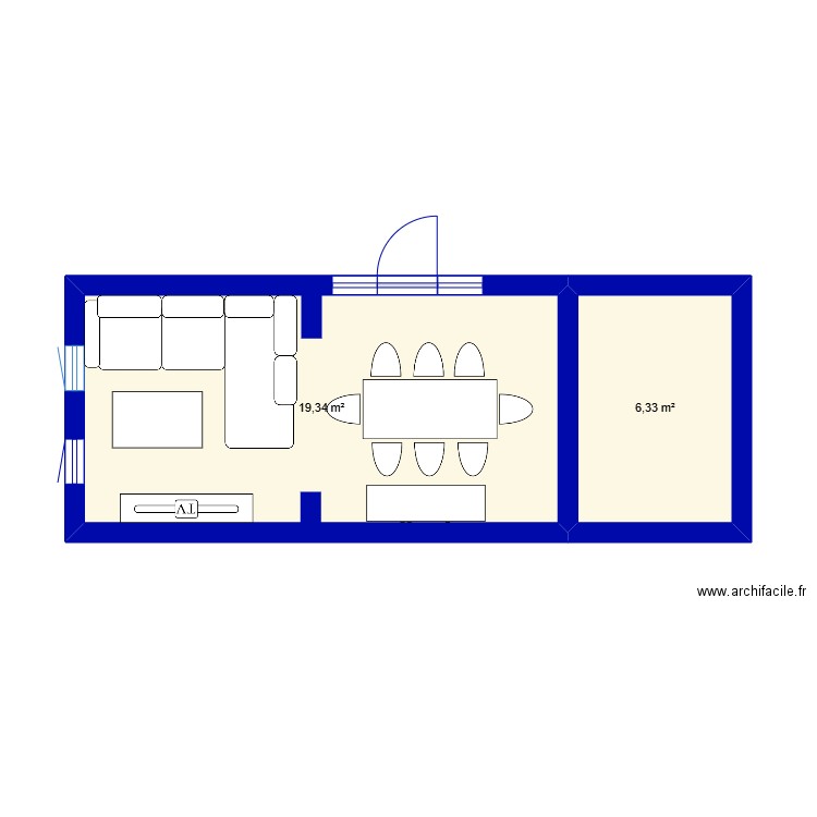 salon. Plan de 2 pièces et 26 m2