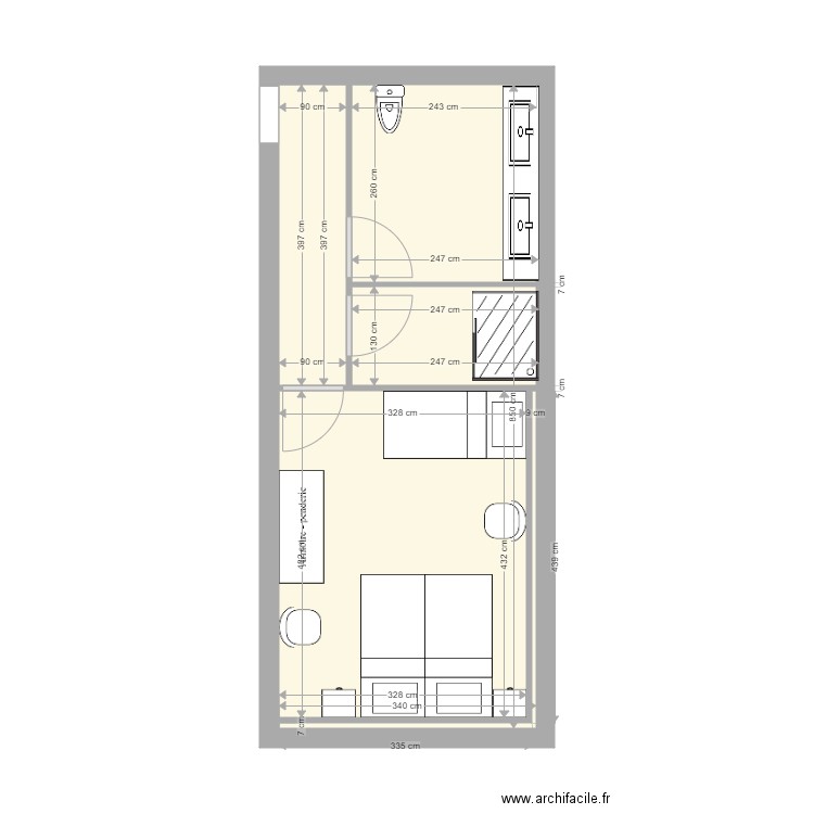 chambre étage. Plan de 3 pièces et 28 m2