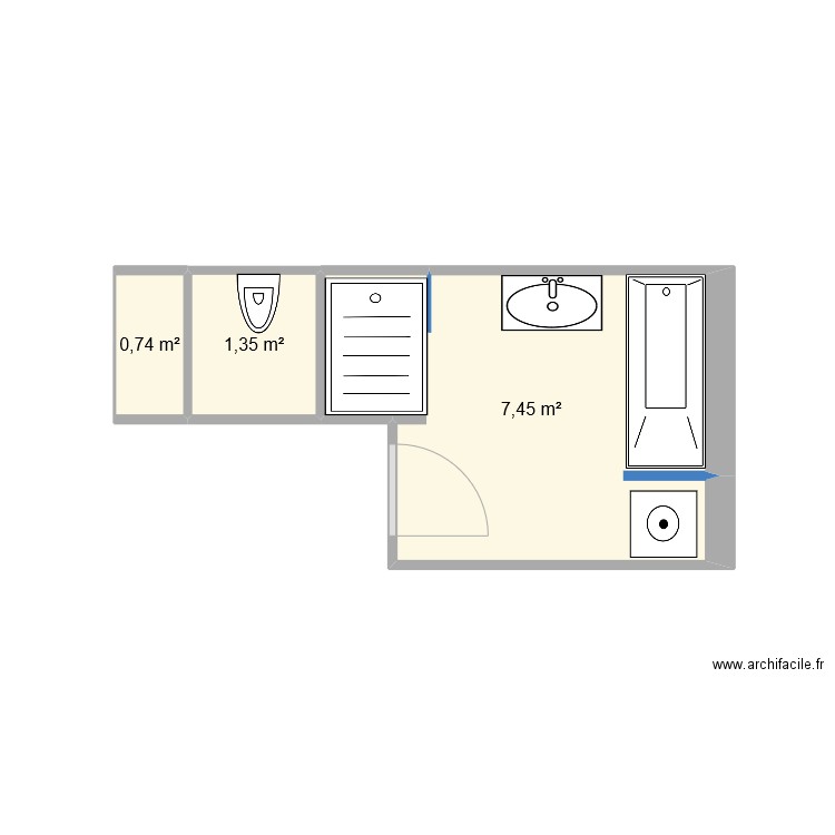 salle de bain/wc. Plan de 3 pièces et 10 m2