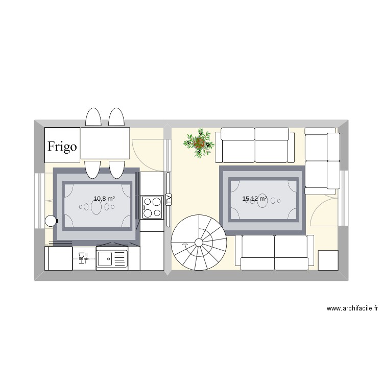 rez de chaussée. Plan de 2 pièces et 26 m2