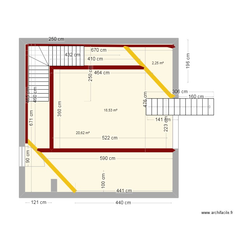 projet Ohey escalier V2. Plan de 3 pièces et 41 m2