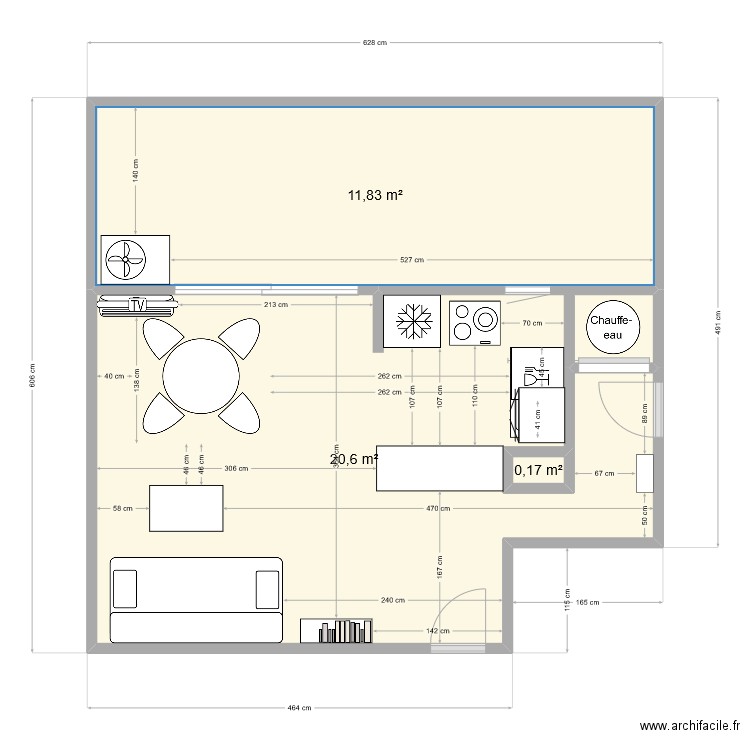 Chapat1. Plan de 3 pièces et 33 m2