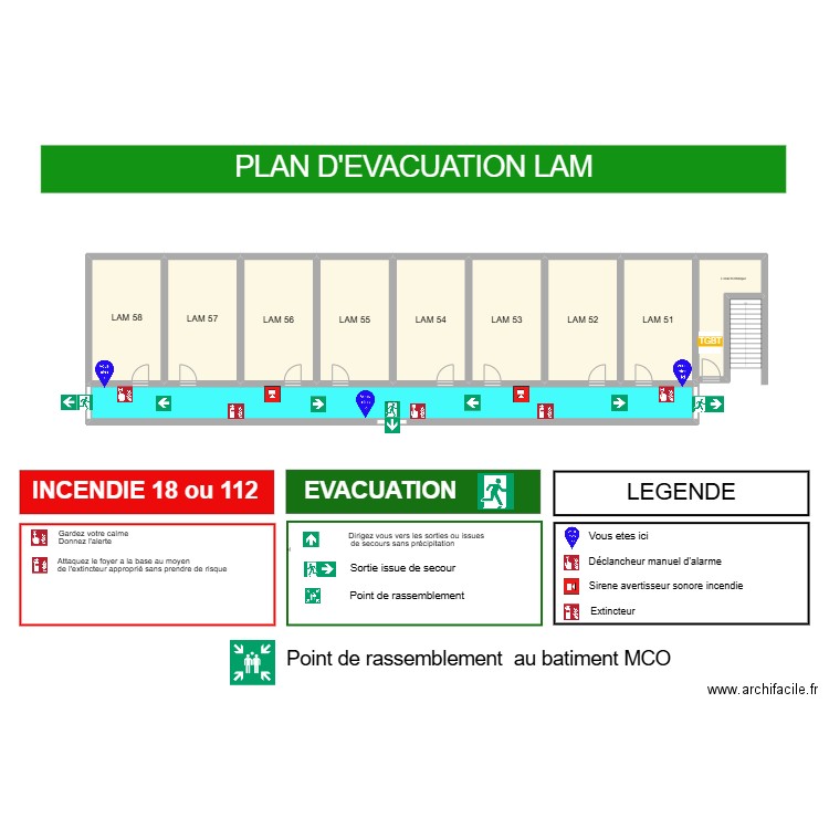 Plan evacuation LAM. Plan de 10 pièces et 232 m2