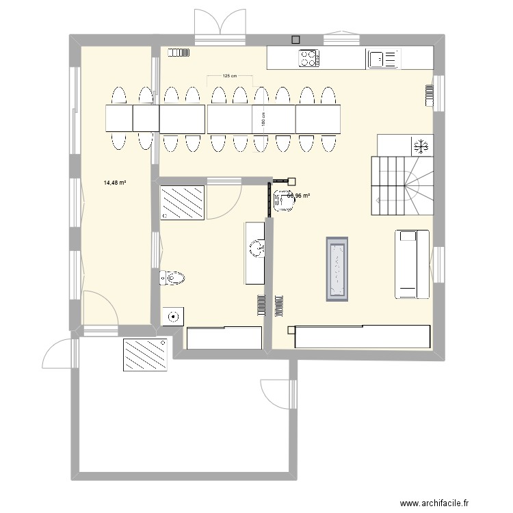 Maisounette 1. Plan de 2 pièces et 75 m2