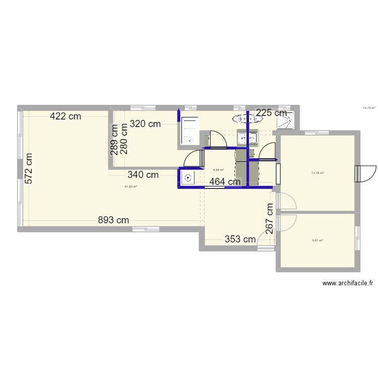 Hezi - modifications (bleu) et cotations . Plan de 5 pièces et 96 m2