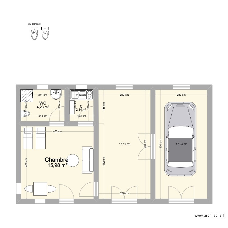 Adi Champs Plan Studio + Garage . Plan de 5 pièces et 57 m2