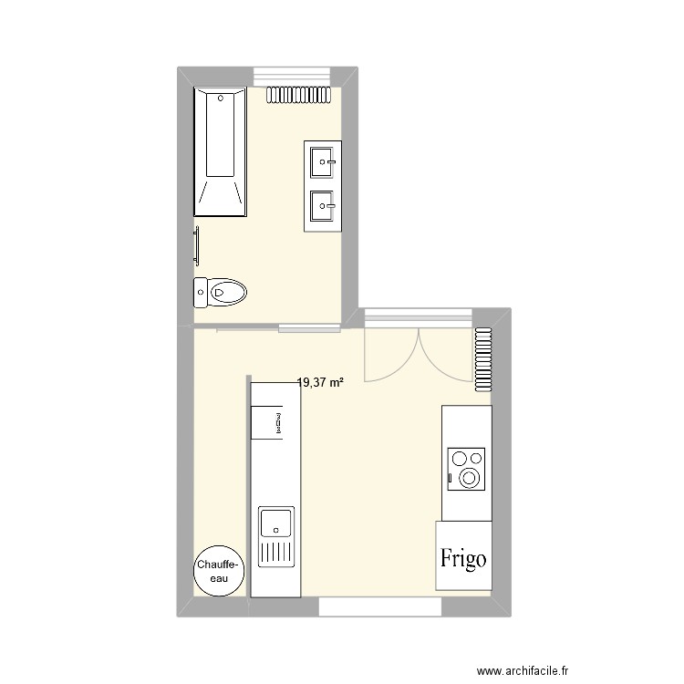 SDB +cuisine avant. Plan de 1 pièce et 19 m2