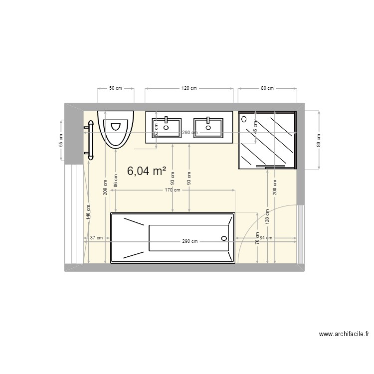 Salle de bain. Plan de 1 pièce et 6 m2