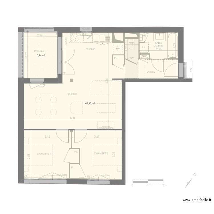 106. Plan de 2 pièces et 74 m2