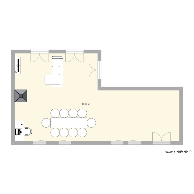 salon. Plan de 1 pièce et 69 m2