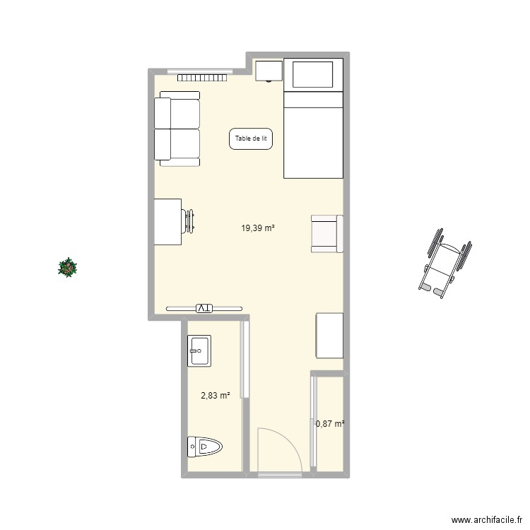 Ehpad Chambre 2. Plan de 3 pièces et 23 m2