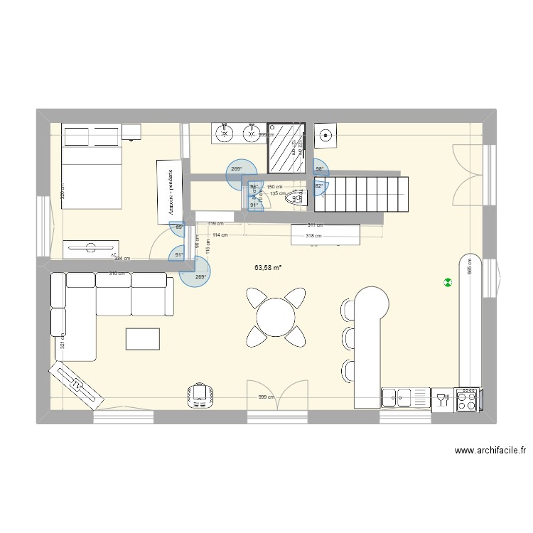 RDC. Plan de 1 pièce et 64 m2