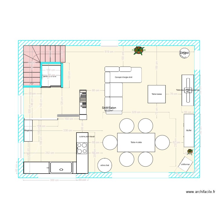 BAS SALON SAM. Plan de 1 pièce et 50 m2