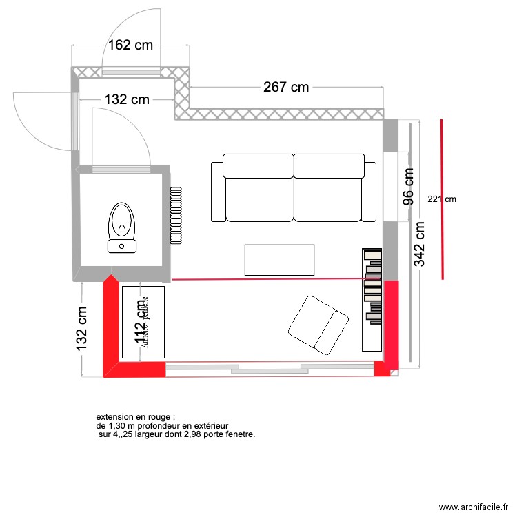 D) plan extension pr salon devant avec ligne rouge. Plan de 0 pièce et 0 m2