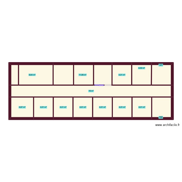 Hotel. Plan de 14 pièces et 84 m2