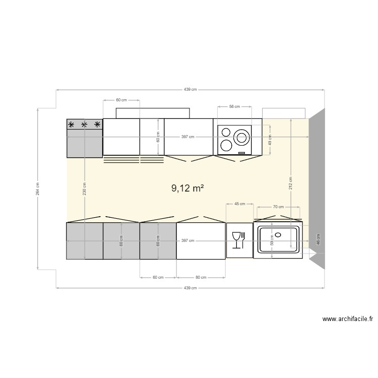 cocina. Plan de 1 pièce et 9 m2