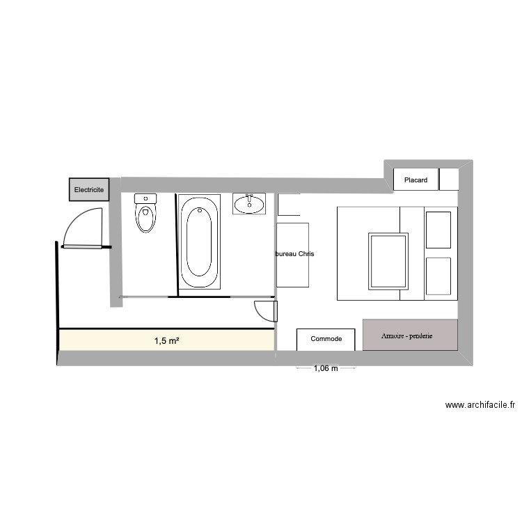 Chambre jc. Plan de 1 pièce et 2 m2