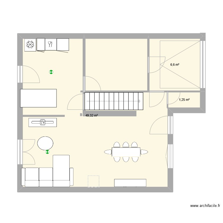 rez dechausse. Plan de 3 pièces et 57 m2