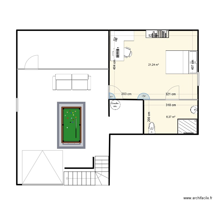 Sous sol. Plan de 2 pièces et 28 m2