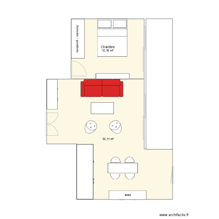 SalonDouble. Plan de 2 pièces et 44 m2