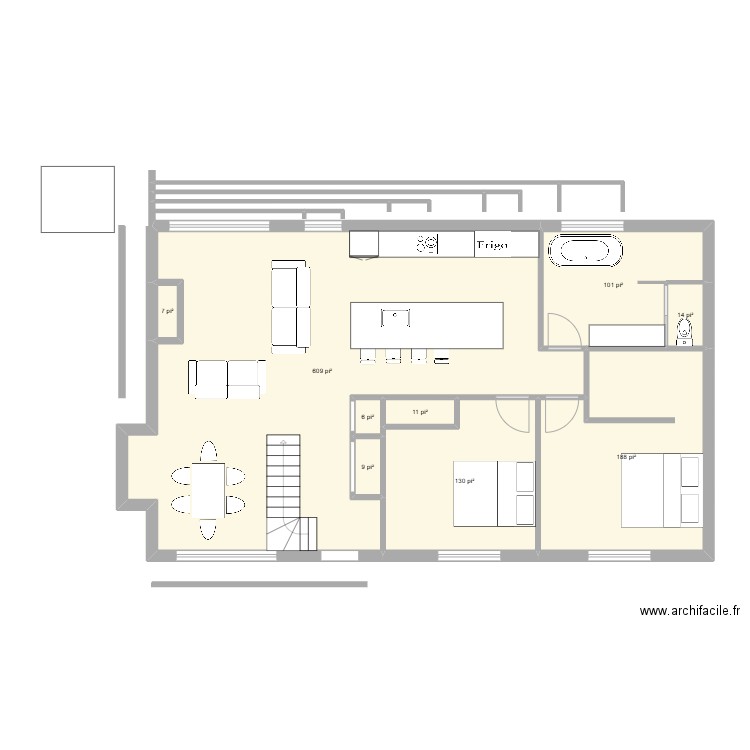  2 chambres. Plan de 9 pièces et 100 m2