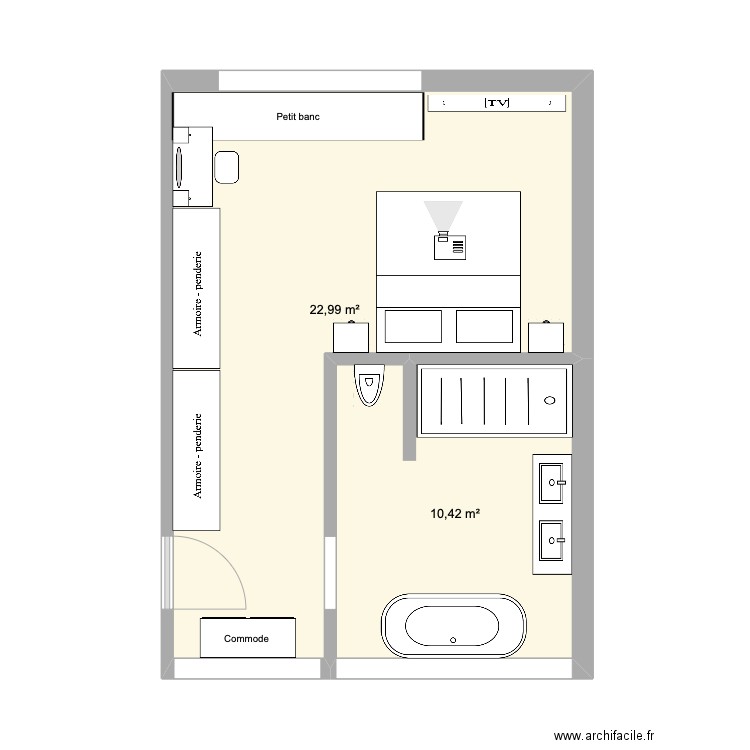 Chambre parentale . Plan de 2 pièces et 33 m2