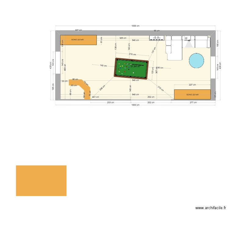 Amenagement salle de jeux et salon. Plan de 1 pièce et 38 m2