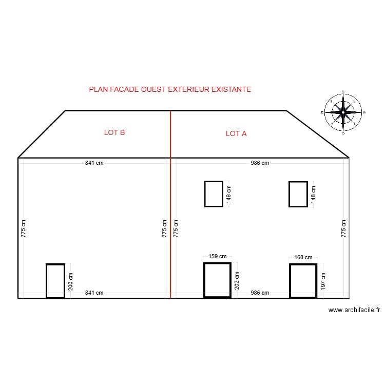 PLAN FACADE OUEST EXTERIEUR EXISTANTE. Plan de 4 pièces et 181 m2