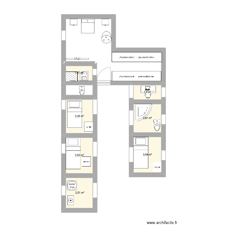 Etage. Plan de 7 pièces et 19 m2