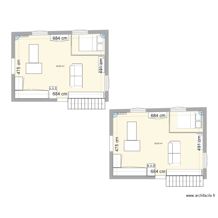 Salon bry. Plan de 2 pièces et 66 m2