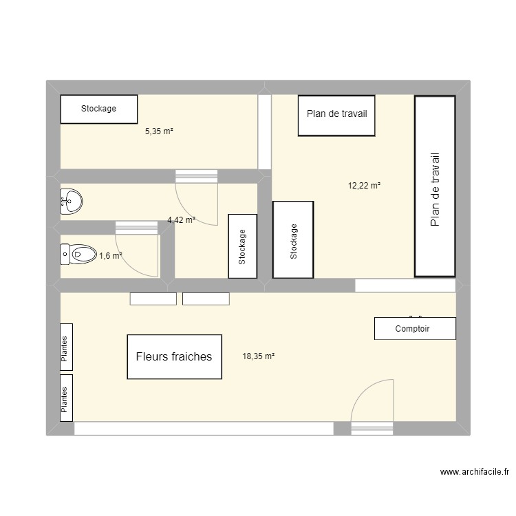 Figa e mimosa. Plan de 5 pièces et 42 m2