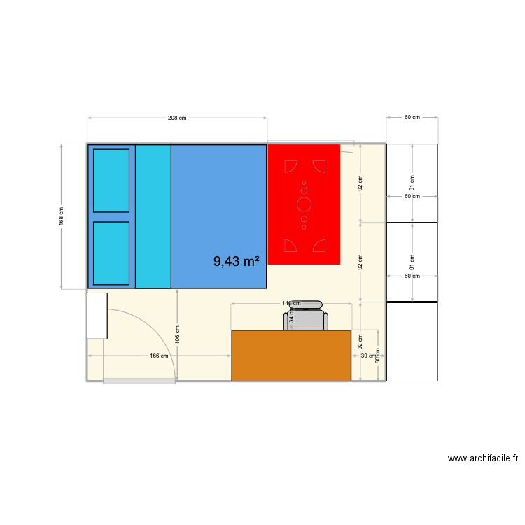 chambre. Plan de 1 pièce et 9 m2