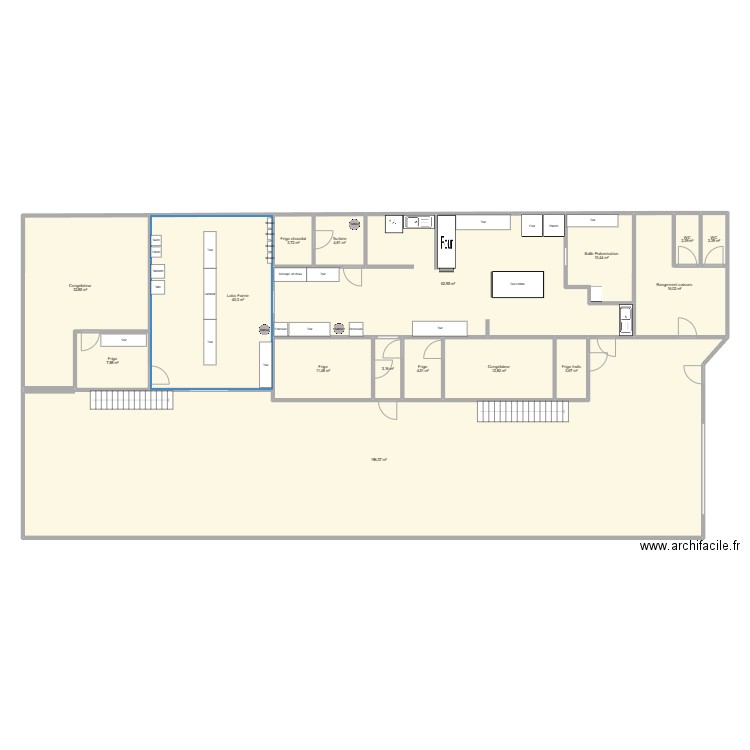 hangar. Plan de 16 pièces et 416 m2