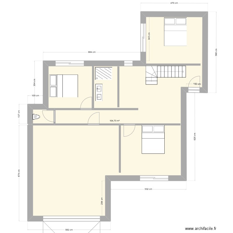 Loctudy RDC. Plan de 1 pièce et 105 m2