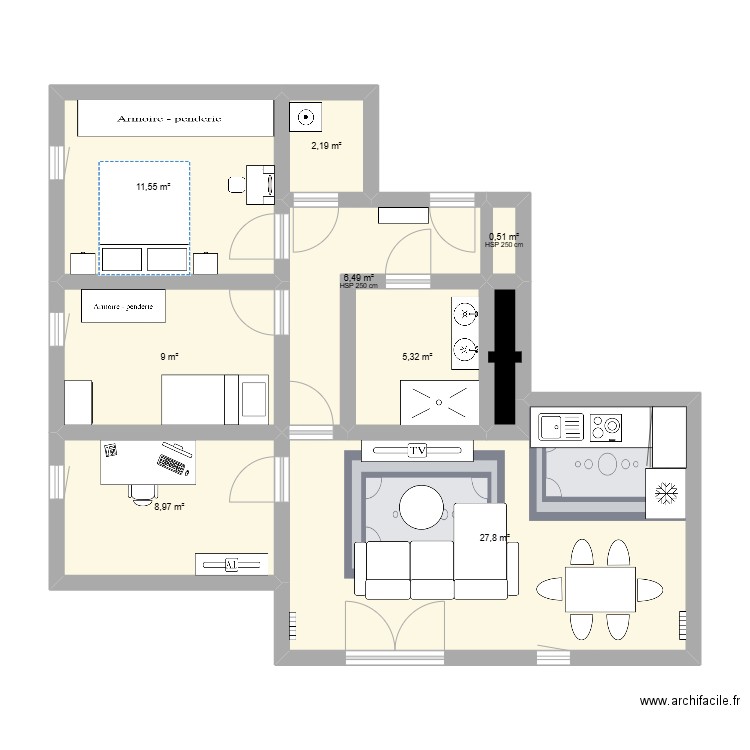 PSB. Plan de 9 pièces et 73 m2