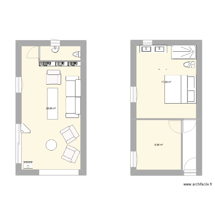 extension. Plan de 3 pièces et 55 m2