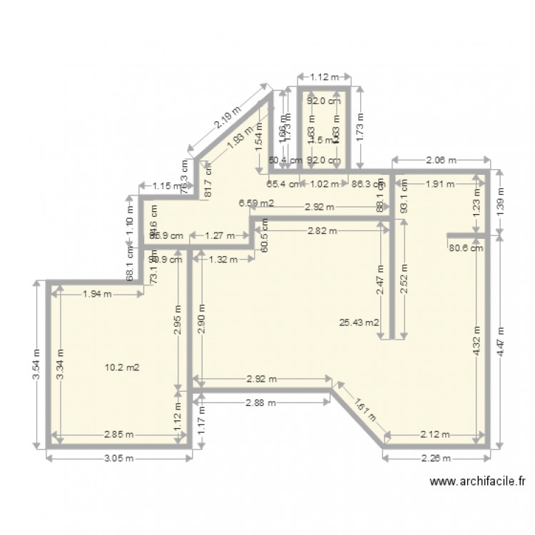 Françoise T2 Cuisine + Salon + Chambre+ Couloir+wc. Plan de 4 pièces et 44 m2