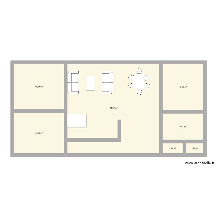 MOB en longueur - chambres côté jardin. Plan de 7 pièces et 108 m2