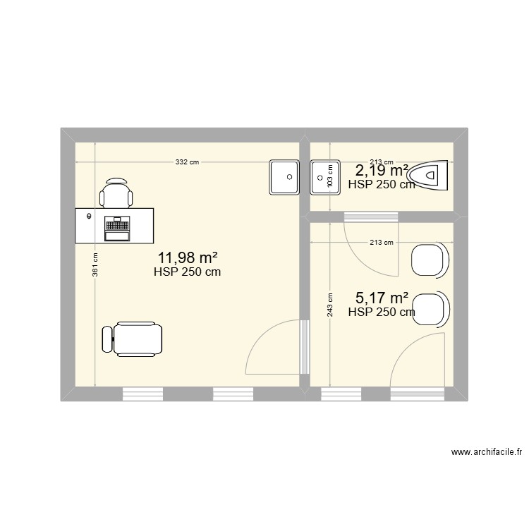 PRISE DE SANG CHU. Plan de 3 pièces et 19 m2