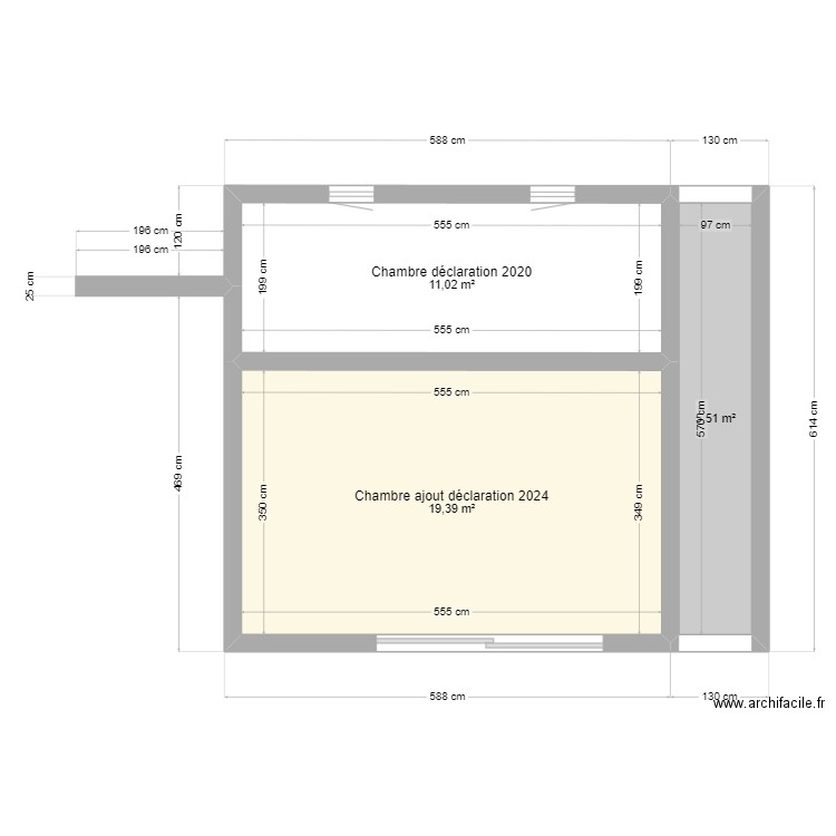 Extension murs nus. Plan de 3 pièces et 36 m2