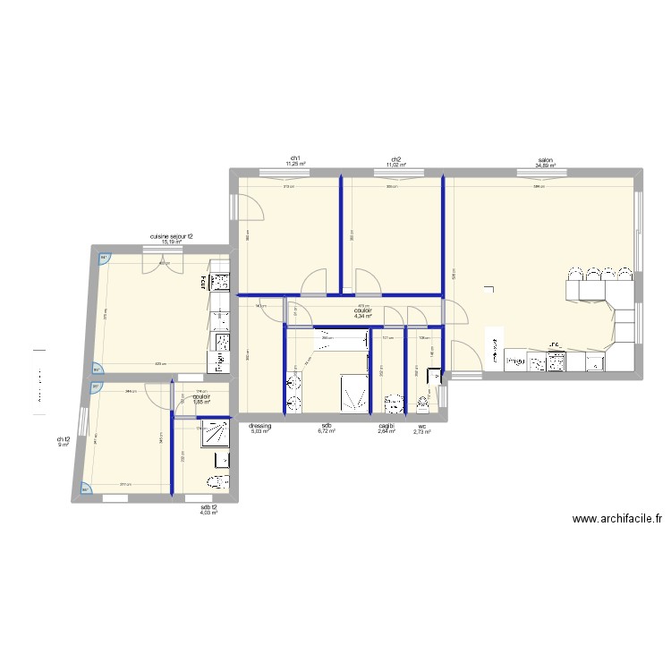 T2 + T3 sans meuble. Plan de 12 pièces et 109 m2